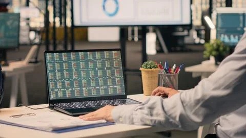 Professional man, business intel, visual data in office, analytics dashboard Stock Photos