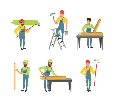 Professional Man Carpenter and Builder in Overall Working with Wooden Planks and Stock Illustration