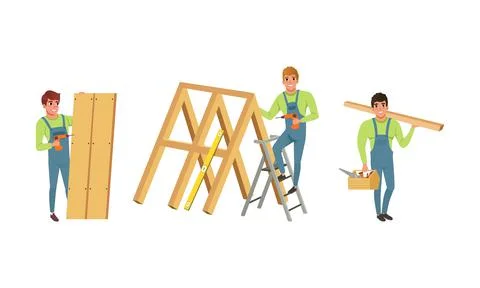 Professional Man Carpenter in Overall Installing Wooden Planks with Electric Stock Illustration