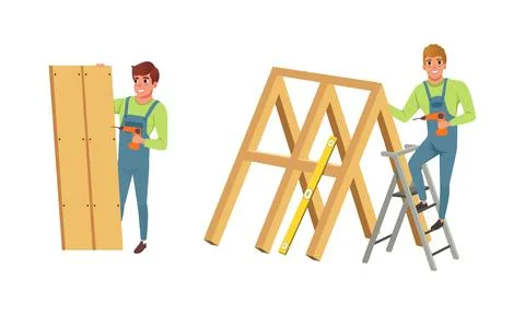Professional Man Carpenter in Overall Installing Wooden Planks with Electric Stock Illustration