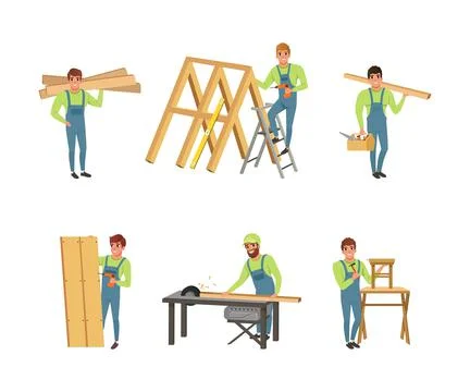 Professional Man Carpenter in Overall Working with Wooden Planks, Drill and Stock Illustration