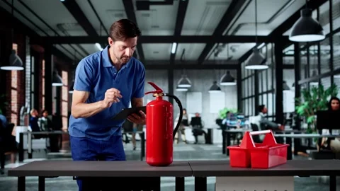 Professional Man Checking And Using Portable Fire Extinguisher Stock Footage 318756020