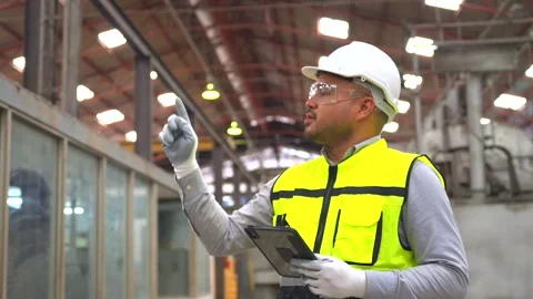 Professional man engineer analyzing meeting with tablet in factory warehouse. Vidéo 332119435