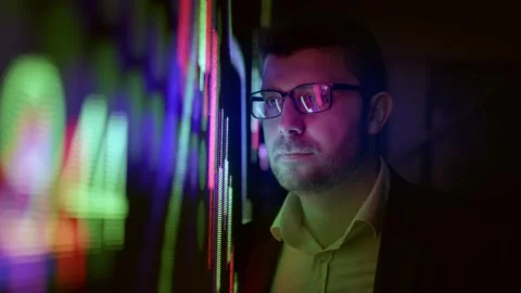 Professional Man With Glasses Looking At Digital Screen In Dark Room Technology Stock Footage 297323261