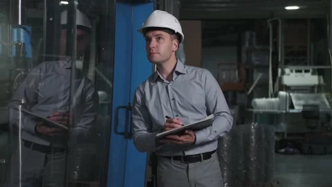 Professional man with helmet working in quality control in production Video stock 140677891
