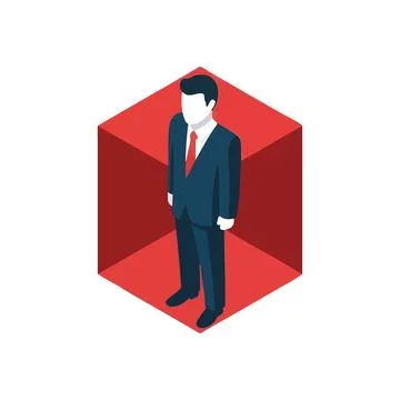(Professional Man Inside Constraining Box. Isometric graphic of a suited pe.. Stock Illustration