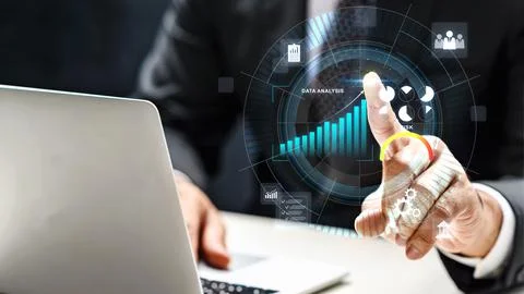 Professional man interacting with a digital data analysis dashboard showing.. Stock Photos