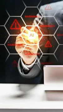 A professional man interacts with a digital screen displaying AI chip icons.. Stock Photos