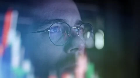 Professional Man Looking At Computer Screen In Dark Room Technology Focus Stock Footage 297322085