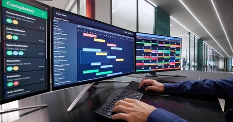 Professional Man Managing Project Schedule Using Software On Computer Monitor Stock Photos