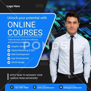 Professional man promoting online courses with digital background PSD Template
