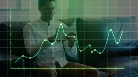Professional man tapping and swiping tablet on leather couch, tech grid Stock Footage 329694461