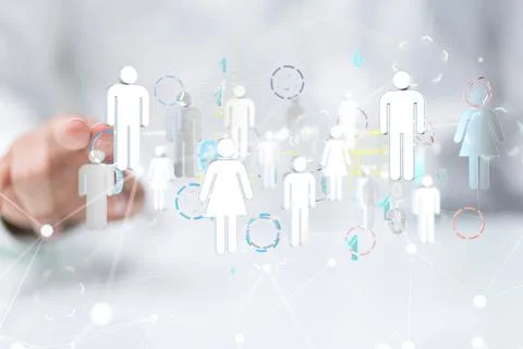 Professional man tapping on a hologram of a network of interconnected dots - net Stock Photos