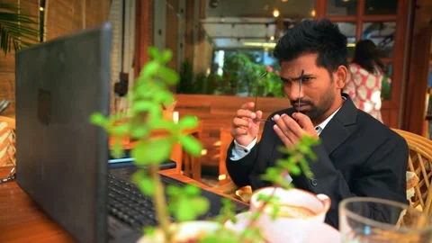 Professional Man Working on Laptop in Cafe Stock Footage 281334985