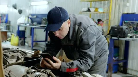Professional mechanic checking digital tablet, accessing repair manuals and Фото