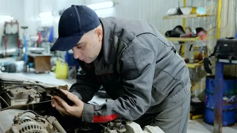 Professional mechanic checking smartphone screen near open car hood, utilizing Stock Photos
