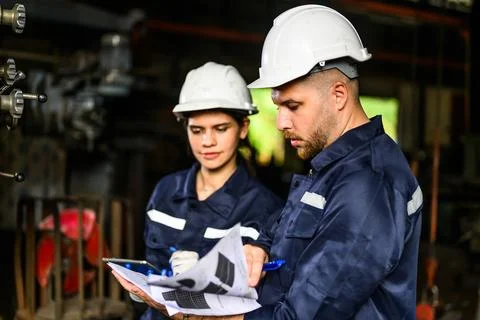 Professional mechanical engineer team checking and repairing engine machine Stock Photos