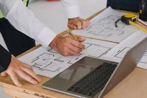 Professional Mechanical Engineer team Working on Personal Computer at Metal.. Stock Photos