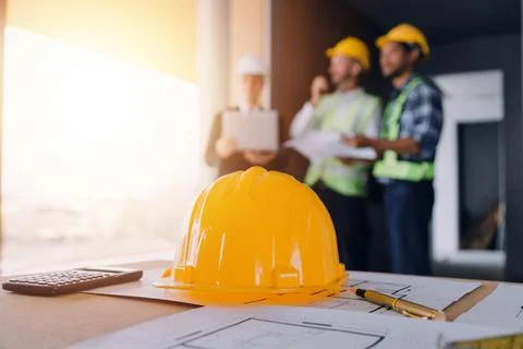Professional Mechanical Engineer team Working on Personal Computer at Metal.. Stock Photos