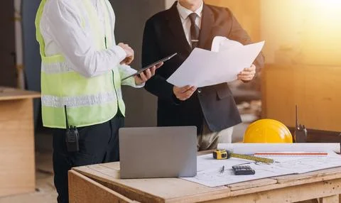 Professional Mechanical Engineer team Working on Personal Computer at Metal.. Stock Photos
