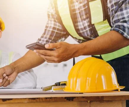 Professional Mechanical Engineer team Working on Personal Computer at Metal.. Stock Photos