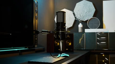 Professional Microphone and Modern Streaming, Podcasting Desk Setup Stock Footage 325637119