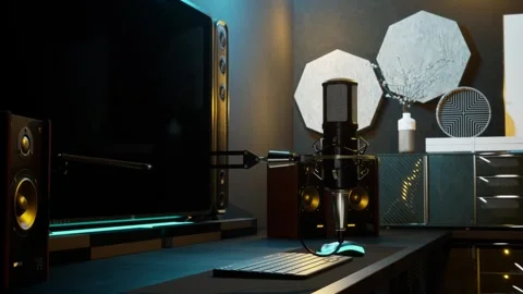 Professional Microphone and Modern Streaming, Podcasting Desk Setup Video stock 325637125