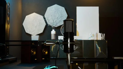 Professional Microphone and Modern Streaming, Podcasting Desk Setup Stock Footage 325637130