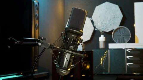 Professional Microphone and Modern Streaming, Podcasting Desk Setup Stock Footage 325637200