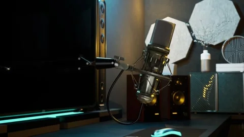 Professional Microphone and Modern Streaming, Podcasting Desk Setup Video stock 325637216