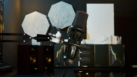 Professional Microphone and Modern Streaming, Podcasting Desk Setup Video stock 325637218