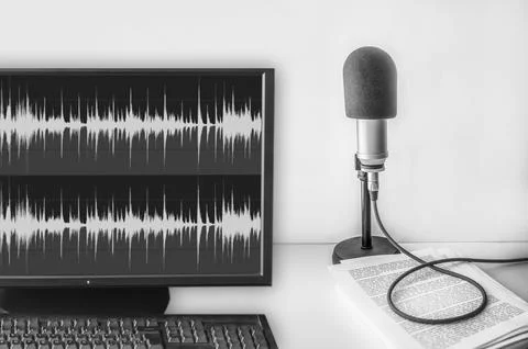 Professional microphone and text on sheets of paper background Fotos de archivo