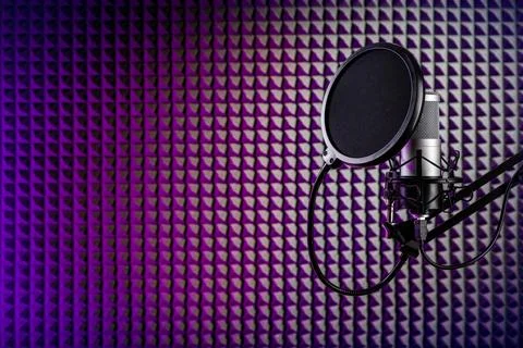 Professional microphone on the stand. Recording studio with acoustical wall.. 스톡 사진