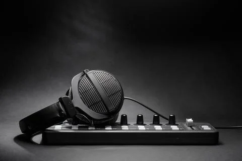 Professional MIDI controller sound mixer and headphones Stock Photos