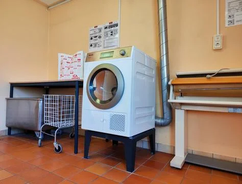 Professional miele clothes dryer machine in a laundry room Stock Photos