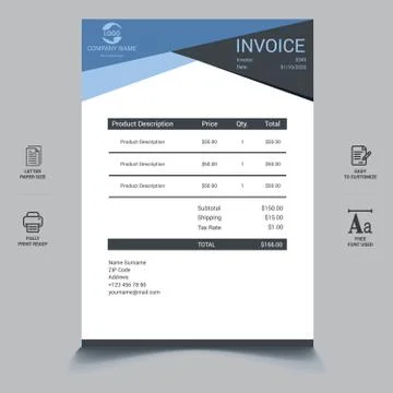 Professional modern business abstract colorful invoice Stock Illustration