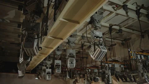 Professional motorized floodlights suspended from the ceiling of the TV studio Stock Footage 178524987