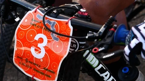 Professional mountain biker David "Tinker" Juarez at starting. Stock Footage 106791446