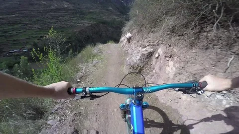 Professional Mountain Biker Riding Down Trail Behind A Dog 스톡 동영상 79701466