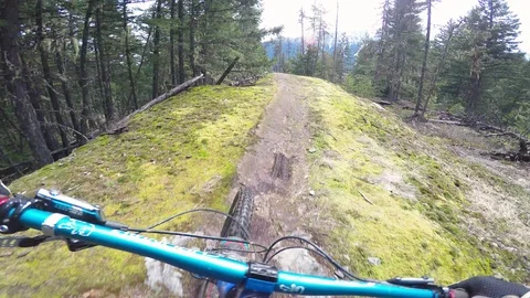 Professional Mountain Biker Riding Unique Rock Formations In Forest Video stock 114367255