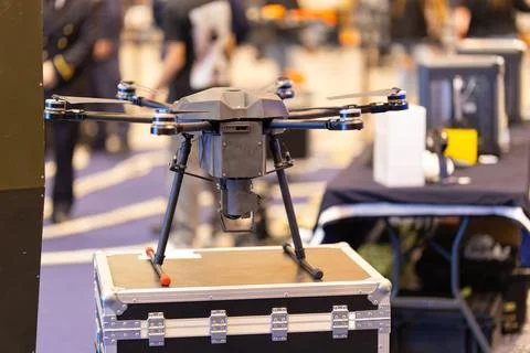 Professional multirotor drone with camera system at exhibition Stock Photos