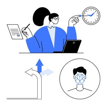 Professional multitasking at laptop, clock for time, decision arrows, and AI  Stock Illustration
