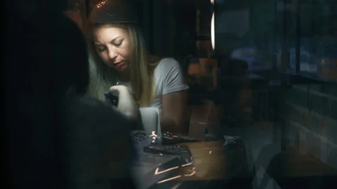 Professional nail master in black gloves at beauty salon doing nails. Manicurist Stock Footage 94031181