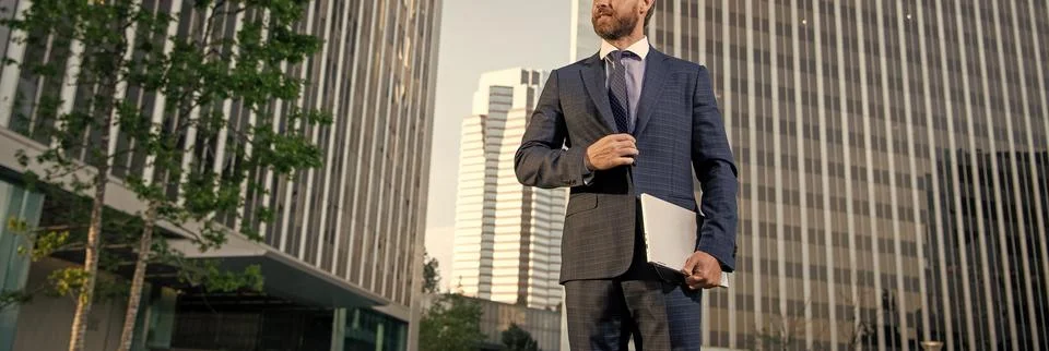 Professional network administrator hold computer. boss with modern laptop. copy Foto stock
