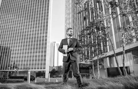Professional network administrator hold computer. boss with modern wireless Stock Photos