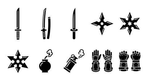 Professional ninja tools including shuriken throwing stars and armored gaun.. Stock Illustration