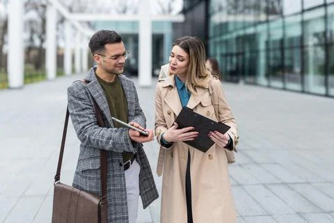 Professional occupation, office workers. Two business people meet before st.. Stock Photos