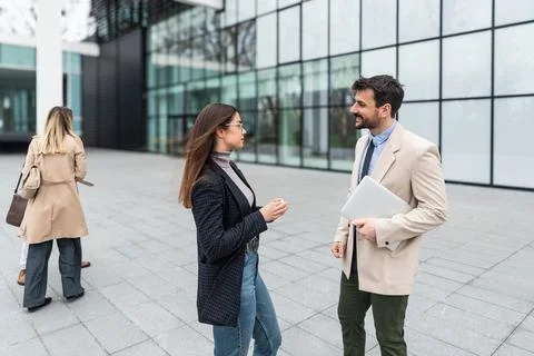 Professional occupation, office workers. Two business people meet before st.. Stock Photos