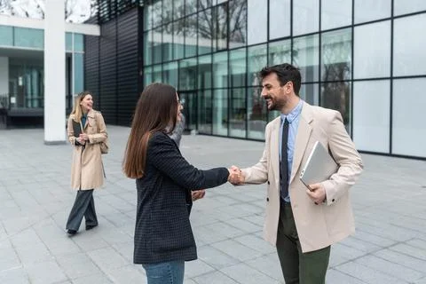 Professional occupation, office workers. Two business people meet before st.. Stock Photos