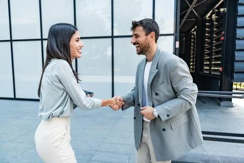 Professional occupation, office workers. Two business people meet before st.. Stock Photos
